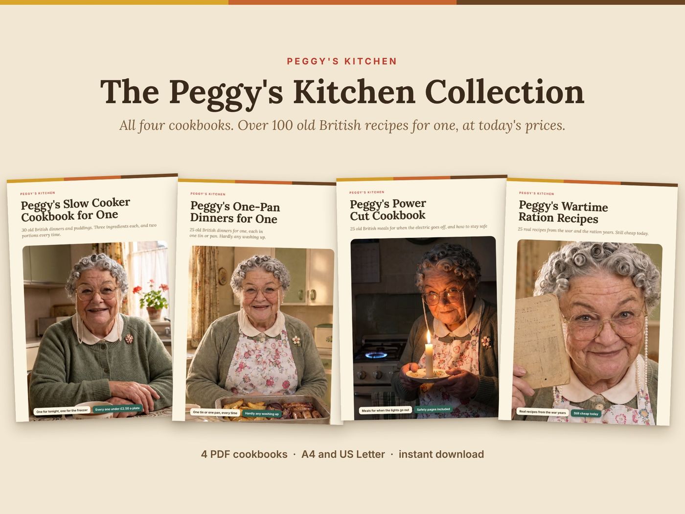 The four Peggy's Kitchen cookbooks together